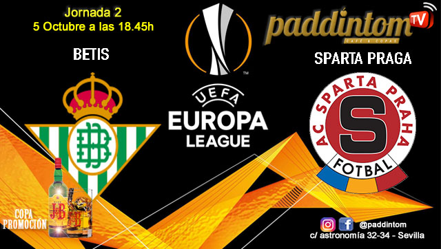 Europa League 2024. Fase de grupos. Jornada 2. Jueves 5 de Octubre, Betis - Spartak Praga a las 18.45h. Disfruta del partido y de nuestra promoción de tu copa de J&B con tu grupo de amigos en nuestras pantallas de TV en Paddintom Café & Copas