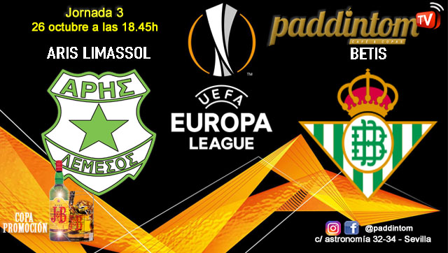 Europa League 2024. Fase de grupos. Jornada 3. Jueves 26 de Octubre, Aris Limassol - Betis a las 18.45h. Disfruta del partido y de nuestra promoción de tu copa de J&B con tu grupo de amigos en nuestras pantallas de TV en Paddintom Café & Copas