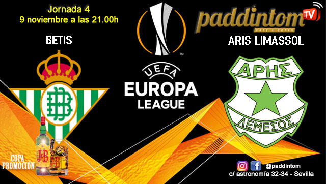 Europa League 2024. Fase de grupos. Jornada 4. Jueves 9 de Noviembre de 2023. Betis - Aris Limassol a las 21.00h. Disfruta del partido y de nuestra promoción de tu copa de J&B con tu grupo de amigos en nuestras pantallas de TV en Paddintom Café & Copas