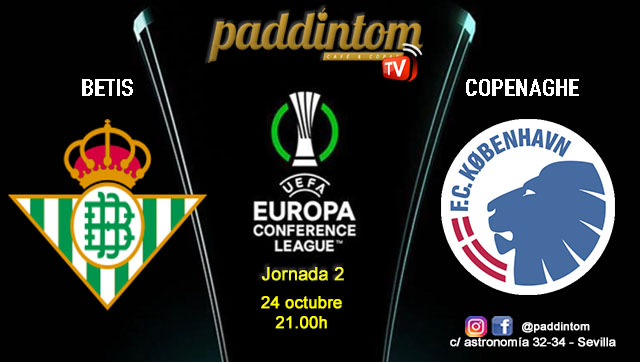 Conference League 2025. Liga inicial - Jornada 2. Jueves 24 de octubre. Betis - Copenaghe a las 21.00h. Disfruta de nuestra promoción de tu copa de Ron Añejo ORO de Legendario con tu grupo de amigos en nuestras pantallas de TV en Paddintom Café & Copas