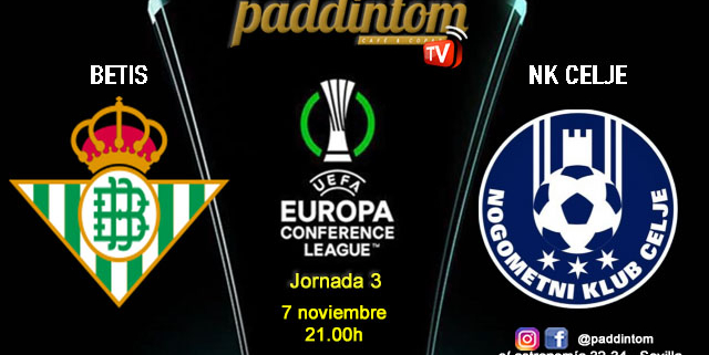 Conference League 2025. Liga inicial - Jornada 3. Jueves 7 de noviembre, Betis - NK Celje a las 21.00h. Disfruta de nuestra promoción de tu copa de Ron Añejo ORO de Legendario con tu grupo de amigos en nuestras pantallas de TV en Paddintom Café & Copas