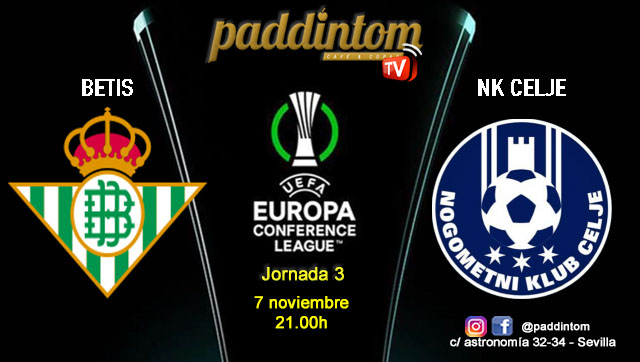 Conference League 2025. Liga inicial - Jornada 3. Jueves 7 de noviembre, Betis - NK Celje a las 21.00h. Disfruta de nuestra promoción de tu copa de Ron Añejo ORO de Legendario con tu grupo de amigos en nuestras pantallas de TV en Paddintom Café & Copas