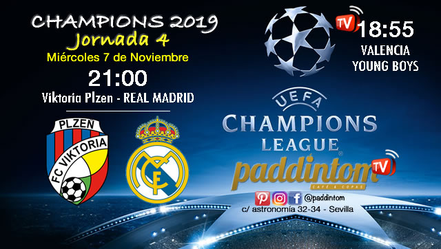 Champions League 2019 Fase de Grupos Jornada 4 - Miércoles 7 de Noviembre Valencia-Young Boys a las 18.55h * Viktoria Plzen-Real Madrid a las 21.00h