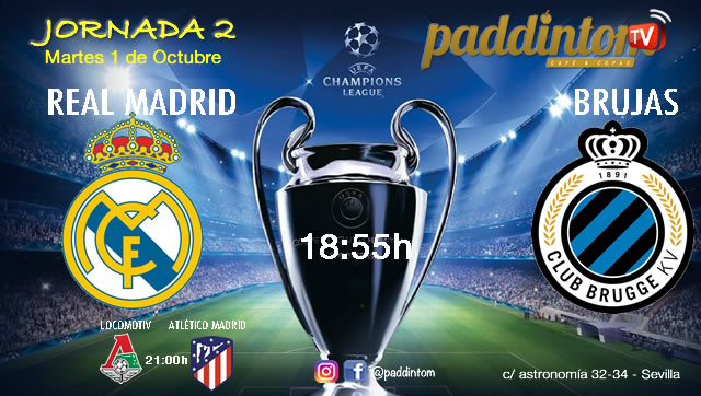 Champions League 2020 Jornada 2, Martes 1 de Octubre, Real Madrid - Brujas a las 18.55h y Lokomotiv de Moscú - Atlético de Madrid a las 21.00h - Paddintom Café