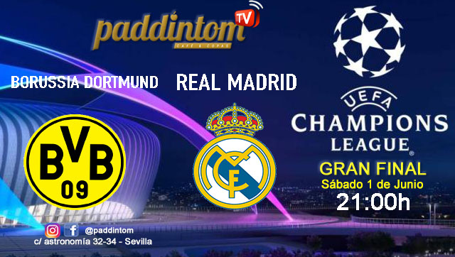 Champions League 2024. GRAN FINAL. Sábado 1 de Junio, Borussia Dortmund - Real Madrid a las 21.00h. Disfruta de nuestra promoción de tu copa de J&B con tu grupo de amigos en nuestras pantallas de TV en Paddintom Café & Copas