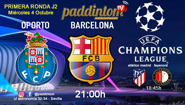 Champions League 2024. Fase de grupos - Jornada 2 - Miércoles. Miércoles 4 de Octubre, Oporto - Barcelona a las 21.00h y Atlético de Madrid - Feyenord a las 18.45h. Disfruta de nuestra promoción de tu copa de J&B con tu grupo de amigos en nuestras pantallas de TV en Paddintom Café & Copas