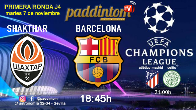 Champions League 2024. Fase de grupos - Jornada 4. Martes 7 de noviembre, Shakthar - Barcelona a las 18.45h y Atlético de Madrid - Celtic a las 21.00. Disfruta de nuestra promoción de tu copa de J&B con tu grupo de amigos en nuestras pantallas de TV en Paddintom Café & Copas