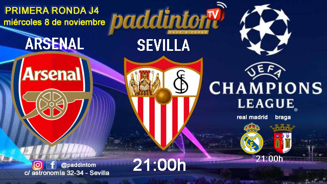 Champions League 2024. Fase de grupos - Jornada 4. Miércoles 8 de noviembre, Arsenal - Sevilla a las 21.00h y Real Madrid - Braga a las 21.00h. Ven a verlo por TV en Paddintom Café & Copas