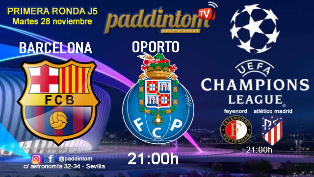 Champions League 2024. Fase de grupos - Jornada 5. Martes 28 de noviembre, Barcelona - Oporto a las 21.00h y Feyenord - Atlético de Madrid a las 21.00h. Disfruta de nuestra promoción de tu copa de J&B con tu grupo de amigos en nuestras pantallas de TV en Paddintom Café & Copas