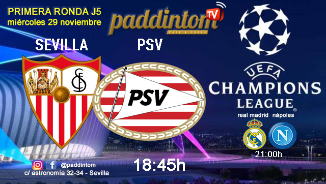 Champions League 2024. Fase de grupos - Jornada 5. Miércoles 29 de noviembre. Sevilla - PSV a las 18.45h y Real Madrid - Nápoles a las 21.00h. Disfruta de nuestra promoción de tu copa de J&B con tu grupo de amigos en nuestras pantallas de TV en Paddintom Café & Copas