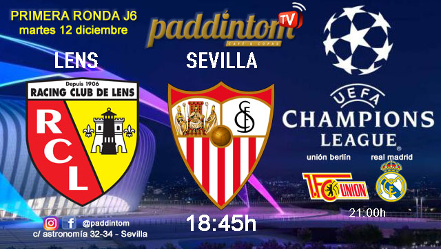 Champions League 2024. Fase de grupos - Jornada 6. Martes 12 de diciembre, Lens - Sevilla  a las 18.45h y Unión Berlín - Real Madrid a las 21.00h. Disfruta de nuestra promoción de tu copa de J&B con tu grupo de amigos en nuestras pantallas de TV en Paddintom Café & Copas