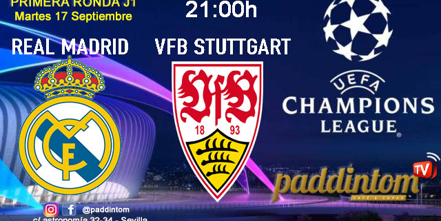 Champions League 2025. Liga inicial - Jornada 1 - Martes. Martes 17 de septiembre, Real Madrid - VfT Stuttgart a las 21.00h. Disfruta de nuestra promoción de tu copa de Ron Añejo ORO de Legendario con tu grupo de amigos en nuestras pantallas de TV en Paddintom Café & Copas