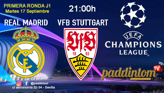 Champions League 2025. Liga inicial - Jornada 1 - Martes. Martes 17 de septiembre, Real Madrid - VfT Stuttgart a las 21.00h. Disfruta de nuestra promoción de tu copa de Ron Añejo ORO de Legendario con tu grupo de amigos en nuestras pantallas de TV en Paddintom Café & Copas