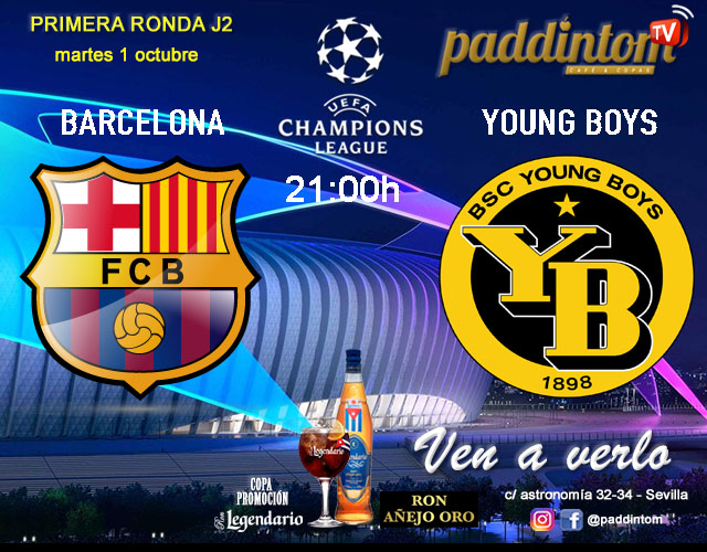 Champions League 2025. Liga inicial - Jornada 2. Martes 1 de octubre, Barcelona - Young Boys a las 21.00h. Disfruta de nuestra promoción de tu copa de Ron Añejo ORO de Legendario con tu grupo de amigos en nuestras pantallas de TV en Paddintom Café & Copas