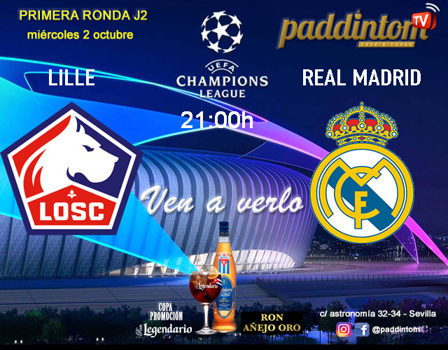 Champions League 2025. Liga inicial - Jornada 2. Miércoles 2 de octubre, Girona - Feyenord a las 18.45h, Lille - Real Madrid  a las 21.00h y Benfica - Atlético de Madrid a las 21.00h. Van a verlo a Paddintom Café & Copas