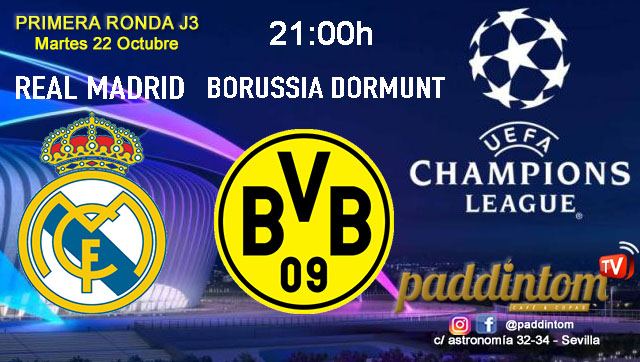 Champions League 2025. Liga inicial - Jornada 3. Martes 22 de octubre, Girona - Slavan Bratislava a las 21.00h y Real Madrid  - Borussia Dortmund a las 21.00h. Disfruta de nuestra promoción de tu copa de Ron Añejo ORO de Legendario con tu grupo de amigos en nuestras pantallas de TV en Paddintom Café & Copas