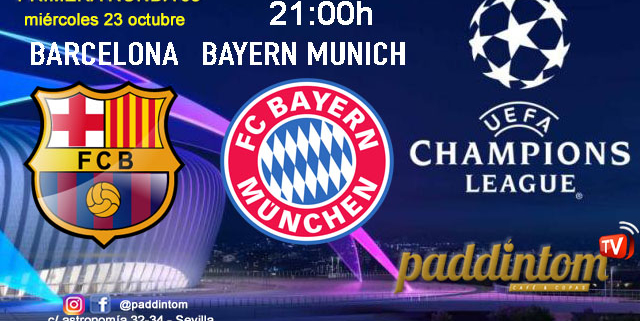 Champions League 2025. Liga inicial - Jornada 3. Miércoles 23 de octubre, Atlético de Madrid - Lille a las 21.00h y Barcelona - Bayern Munich  a las 21.00h. Disfruta de nuestra promoción de tu copa de Ron Añejo ORO de Legendario con tu grupo de amigos en nuestras pantallas de TV en Paddintom Café & Copas