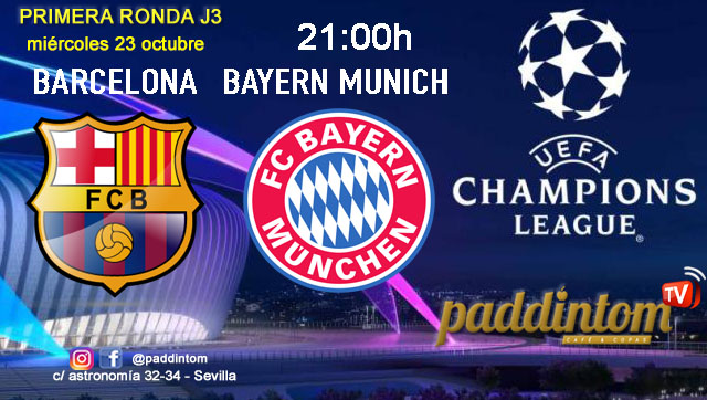 Champions League 2025. Liga inicial - Jornada 3. Miércoles 23 de octubre, Atlético de Madrid - Lille a las 21.00h y Barcelona - Bayern Munich  a las 21.00h. Disfruta de nuestra promoción de tu copa de Ron Añejo ORO de Legendario con tu grupo de amigos en nuestras pantallas de TV en Paddintom Café & Copas