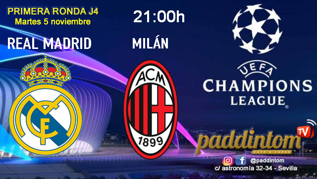 Champions League 2025. Liga inicial - Jornada 4. Martes 5 de noviembre, PSV - Girona a las 18.45h y Real Madrid  - Milán a las 21.00h. Disfruta de nuestra promoción de tu copa de Ron Añejo ORO de Legendario con tu grupo de amigos en nuestras pantallas de TV en Paddintom Café & Copas