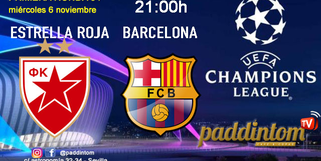 Champions League 2025. Liga inicial - Jornada 4. Miércoles 6 de noviembre, PSG - Atlético de Madrid a las 21.00h y Estrella Roja - Barcelona  a las 21.00h. Disfruta de nuestra promoción de tu copa de Ron Añejo ORO de Legendario con tu grupo de amigos en nuestras pantallas de TV en Paddintom Café & Copas