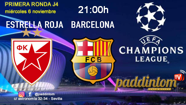 Champions League 2025. Liga inicial - Jornada 4. Miércoles 6 de noviembre, PSG - Atlético de Madrid a las 21.00h y Estrella Roja - Barcelona  a las 21.00h. Disfruta de nuestra promoción de tu copa de Ron Añejo ORO de Legendario con tu grupo de amigos en nuestras pantallas de TV en Paddintom Café & Copas