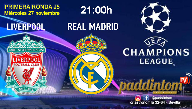 Champions League 2025. Liga inicial - Jornada 5. Miércoles 27 de noviembre, Sturm Graz - Girona a las 18.45h y Liverpool - Real Madrid a las 21.00h. Disfruta de nuestra promoción de tu copa de Ron Añejo ORO de Legendario con tu grupo de amigos en nuestras pantallas de TV en Paddintom Café & Copas