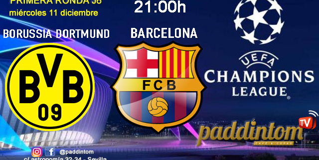 Champions League 2025. Liga inicial - Jornada 6. Miércoles 11 de diciembre, Atlético de Madrid - Slovan Bratislava a las 18.45h y Borussia Dortmund - Barcelona a las 21.00h. Disfruta de nuestra promoción de tu copa de Ron Añejo ORO de Legendario con tu grupo de amigos en nuestras pantallas de TV en Paddintom Café & Copas