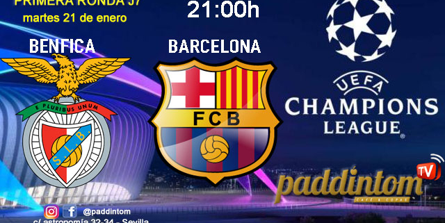 Champions League 2025. Liga inicial. Martes 21 de enero, Benfica - Barcelona a las 21.00h y Atlético de Madrid - Bayern Leverkusen a las 21.00h. Disfruta de nuestra promoción de tu copa de Ron Añejo ORO de Legendario con tu grupo de amigos en nuestras pantallas de TV en Paddintom Café & Copas