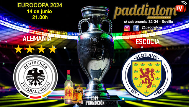 EUROCOPA Alemania 2024. Fase final. Jornada 1. Viernes 14 de Junio, Alemania - Escocia a las 21.00h. Disfruta de nuestra promoción de tu copa de J&B con tu grupo de amigos en nuestras pantallas de TV en Paddintom Café & Copas