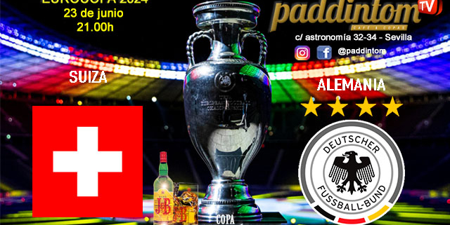 EUROCOPA Alemania 2024. Fase final. Jornada 10, Domingo 23 de Junio, Suiza - Alemania a las 21.00h y Escocia - Hungría a las 21.00h. Disfruta de nuestra promoción de tu copa de J&B con tu grupo de amigos en nuestras pantallas de TV en Paddintom Café & Copas