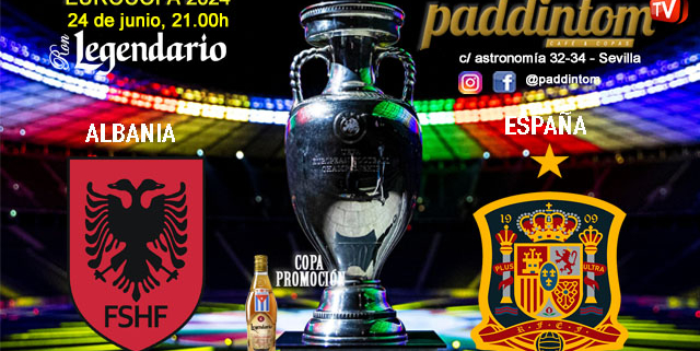 EUROCOPA Alemania 2024. Fase final. Jornada 11. Lunes 24 de Junio, Albania - España a las 21.00h y Croacia - Italia a las 21.00h. Disfruta de nuestra promoción de tu copa de Ron Añejo ORO de Legendario con tu grupo de amigos en nuestras pantallas de TV en Paddintom Café & Copas