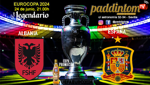 EUROCOPA Alemania 2024. Fase final. Jornada 11. Lunes 24 de Junio, Albania - España a las 21.00h y Croacia - Italia a las 21.00h. Disfruta de nuestra promoción de tu copa de Ron Añejo ORO de Legendario con tu grupo de amigos en nuestras pantallas de TV en Paddintom Café & Copas