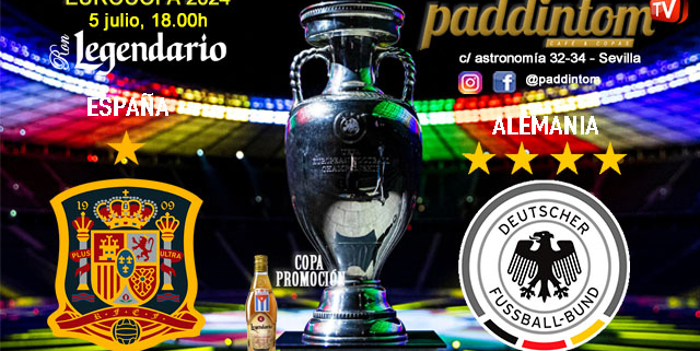 EUROCOPA Alemania 2024. Fase final. Cuartos de final 1. Viernes 5 de Julio, España - Alemania a a las 18.00h y Portugal - Francia a las 21.00h. Disfruta de nuestra promoción de tu copa de Ron Añejo ORO de Legendario con tu grupo de amigos en nuestras pantallas de TV en Paddintom Café & Copas