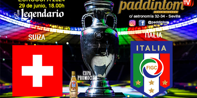 EUROCOPA Alemania 2024. Fase final. Octavos de final. Sábado 29 de Junio. Suiza - Italia a las 18.00h y Alemania - Dinamarca a las 21.00h. Disfruta de nuestra promoción de tu copa de Ron Añejo ORO de Legendario con tu grupo de amigos en nuestras pantallas de TV en Paddintom Café & Copas