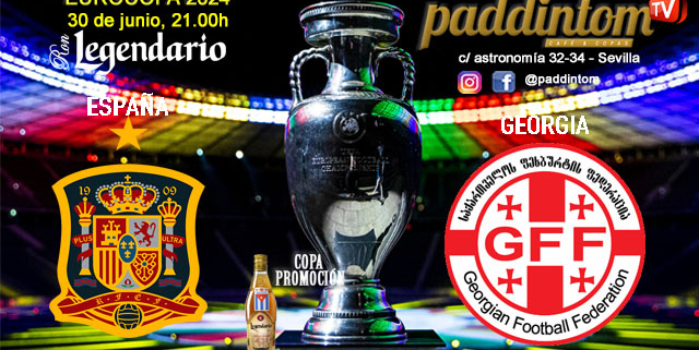 EUROCOPA Alemania 2024. Fase final. Octavos de final 2. Domingo 30 de Junio, Inglaterra - Eslovaquia a las 18.00h y España - Georgia a las 21.00h. Disfruta de nuestra promoción de tu copa de Ron Añejo ORO de Legendario con tu grupo de amigos en nuestras pantallas de TV en Paddintom Café & Copas