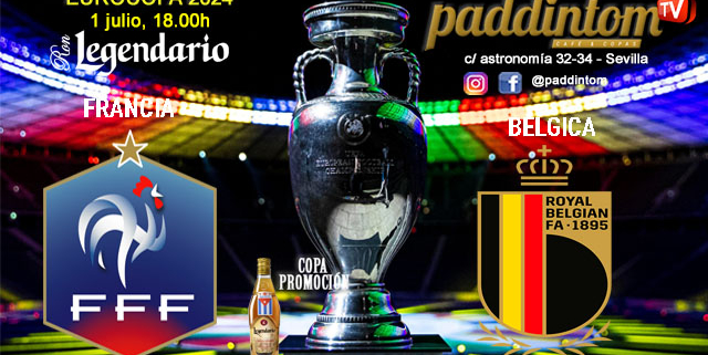 EUROCOPA Alemania 2024. Fase final. Octavos de final 3. Lunes 1 de Julio, Francia - Bélgica a las 18.00h y Portugal - Eslovenia a las 21.00h. Disfruta de nuestra promoción de tu copa de Ron Añejo ORO de Legendario con tu grupo de amigos en nuestras pantallas de TV en Paddintom Café & Copas