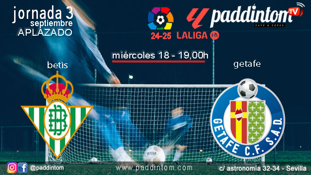 Jornada 3 Liga EA Sports 1ª División 2025. Partido APLAZADO Jornada 3. Miércoles 18 de Septiembre, Betis - GETAFE a las 19.00h. Disfruta de nuestra promoción de tu copa de Ron Añejo ORO de Legendario con tu grupo de amigos en nuestras pantallas de TV en Paddintom Café & Copas