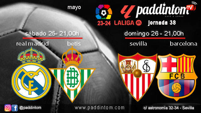 Jornada 38 Liga EA Sports 1ª División 2024. Fútbol en Paddintom por TV. Sábado 25 de mayo, Real Madrid - Betis a las 21.00h y Domingo 26 de mayo, Sevilla - Barcelona a las 21.00h. Disfruta de nuestra promoción de tu copa de J&B con tu grupo de amigos en nuestras pantallas de TV en Paddintom Café & Copas