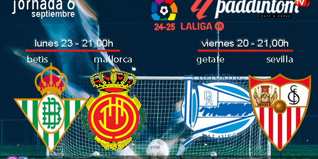 Jornada 6 Liga EA Sports 1ª División 2025. Fútbol en Paddintom por TV. Viernes 20, Alavés - Sevilla a las 21.00h y Lunes 23, Betis - Getafe a las 21.00h. Disfruta de nuestra promoción de tu copa de Ron Añejo ORO de Legendario con tu grupo de amigos en nuestras pantallas de TV en Paddintom Café & Copas