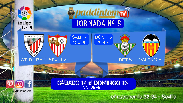 Jornada 8 Liga Santander 1ª División. Sábado 14 de Octubre: At Bilbao - Sevilla a las 13,00h Domingo 15 de Octubre: Betis - Valencia a las 20,45h