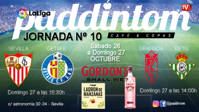 Jornada 10 Liga Santander 1ª División 19-20. Domingo 27 de Octubre, Granada - Betis a las 14.00h y Sevilla - Getafe a las 18.30h. TV en Paddintom Café & Copas